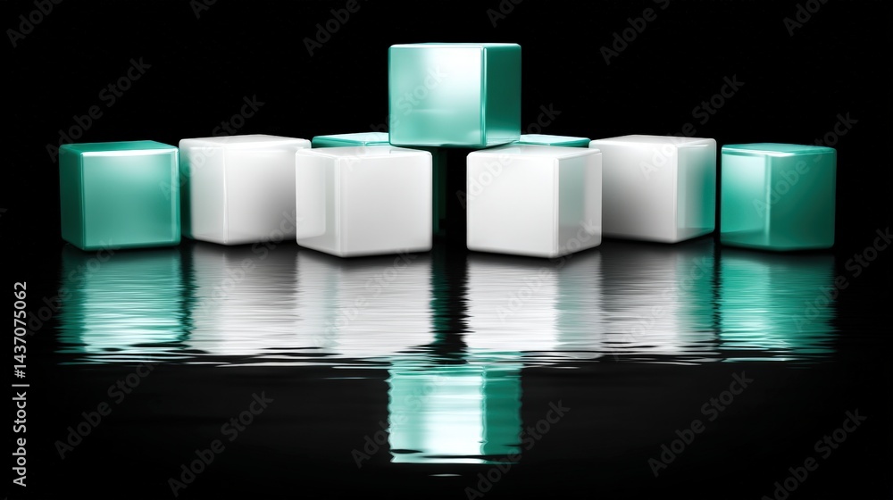 Poster modern abstract cubes with glossy surface on dark background with reflections in water