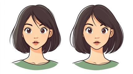 Woman's hairstyle comparison; before & after; studio; white background; hair styling guide