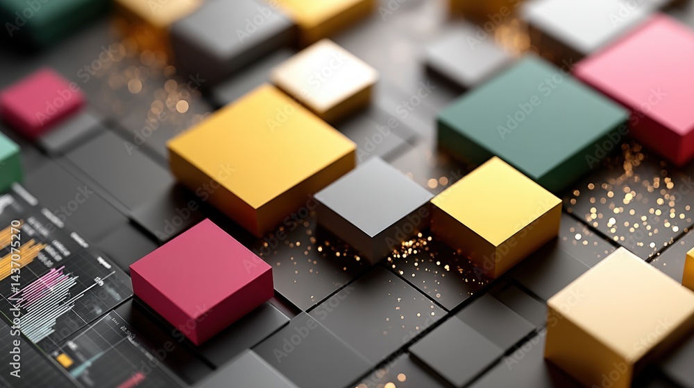 Poster colorful geometric shapes on a modern digital background with data visualization elements