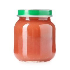Baby food. Tasty puree in glass jar isolated on white