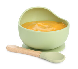 Baby food. Tasty puree in bowl and spoon isolated on white