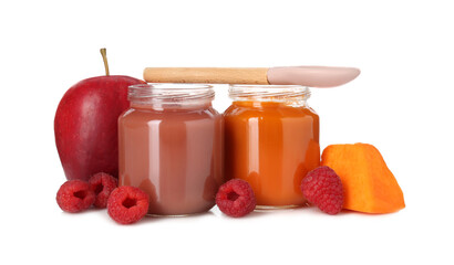 Baby food. Tasty puree in jars, spoon and ingredients on white background