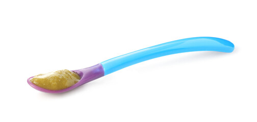 Baby food. Tasty puree in spoon isolated on white