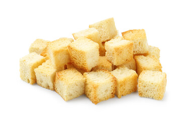 Many delicious crispy croutons isolated on white