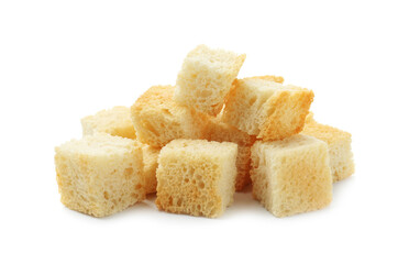 Pile of tasty crispy croutons isolated on white