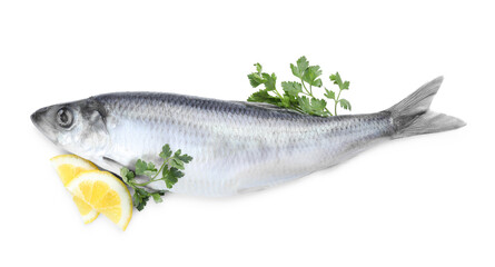 Salted herring, parsley and lemon on white background, top view