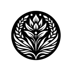 Elegant Floral Emblem in Black and White, Round Design