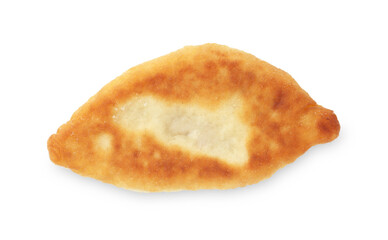Delicious fried pyrizhok (stuffed pie) isolated on white, top view