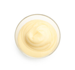 Tasty vanilla pudding in glass isolated on white, top view