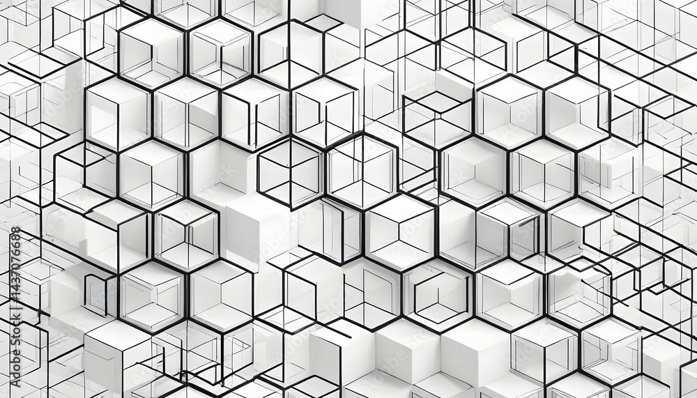 Poster abstract 3d rendering of interlocking white cubes with black outlines creating a complex geometric p