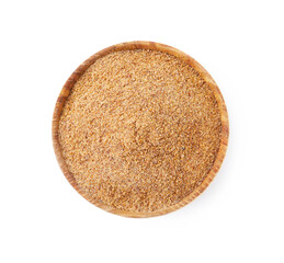 Superfood product. Flaxseed powder in bowl isolated on white, top view