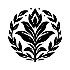 Elegant Black & White Floral Emblem: Circular, Botanical Design