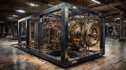 Complex Mechanical Equipment in Industrial Setting with Gears and Pipes Exposed