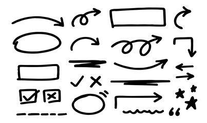 Hand drawn arrows doodles vector. Collection of hand drawn arrows and scribble doodles, lines, pointers, rectangle, circles, check box, dividers, stars, quotations etc