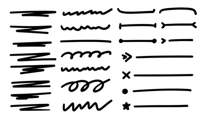 Set of hand drawn scribble lines, underlines, strokes, highlight lines, scribbles, curvy lines, wavy lines for highlighting or cross through text etc