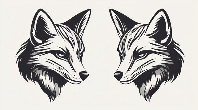 Two fox head illustrations, profile view, white background, graphic design element