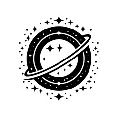 Minimalist Space Planet Icon with Stars, Black and White