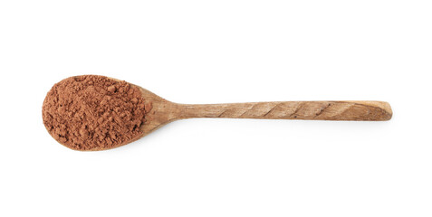 Superfood. Cacao powder in spoon isolated on white, top view