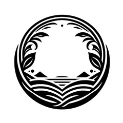 Circular Black and White Floral Tattoo Design with Sea and Mountains