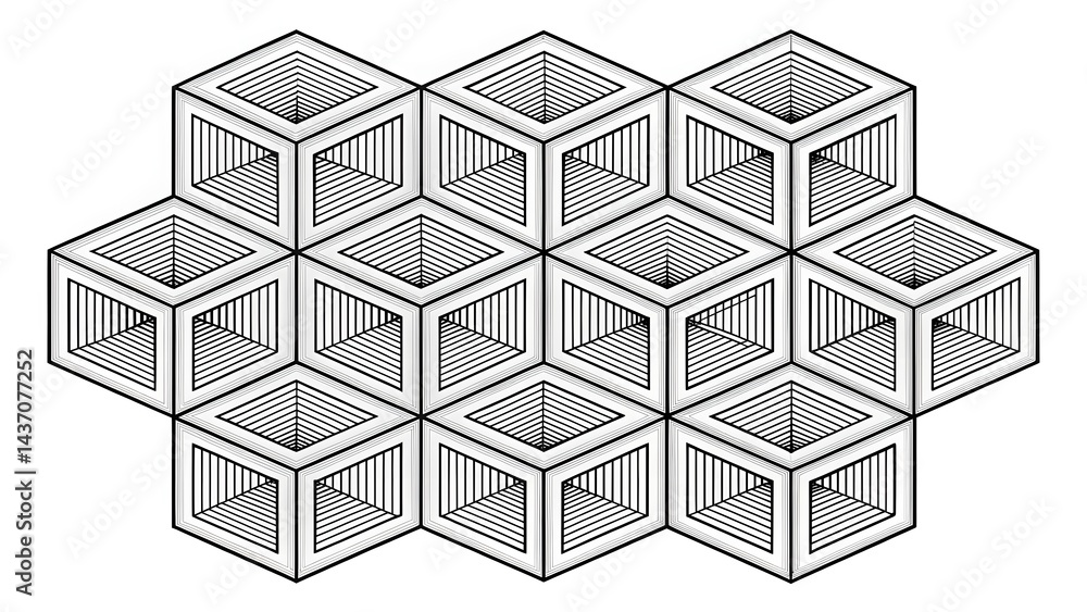 Poster intriguing geometric pattern of interlocking cubes creates a mesmerizing optical illusion showcasing