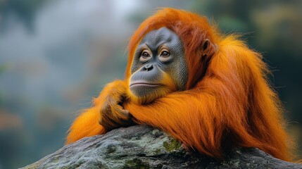 Orangutan resting on rock