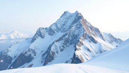 Fototapeta premium Snow-covered mountain peak against bright white sky, scenic, peak