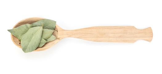 Bay leaves in wooden spoon isolated on white, top view