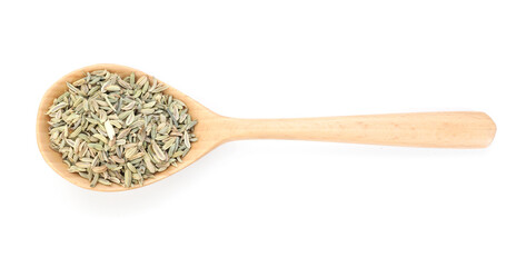 Fennel seeds in wooden spoon isolated on white, top view