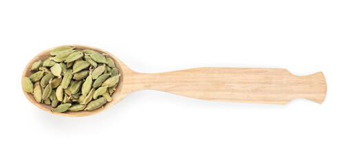 Dry cardamon seeds in wooden spoon isolated on white, top view