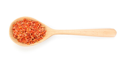 Dried carrots in wooden spoon isolated on white, top view