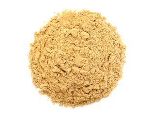 Pile of dry ginger powder isolated on white, top view