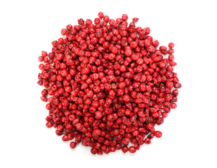 Pile of red peppercorns isolated on white, top view