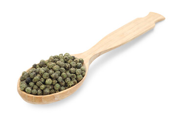 Aromatic pepper in wooden spoon isolated on white