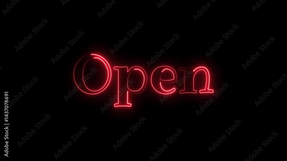 Fototapete open neon animated text on black background. 4k video motion graphics animation. open text with neon