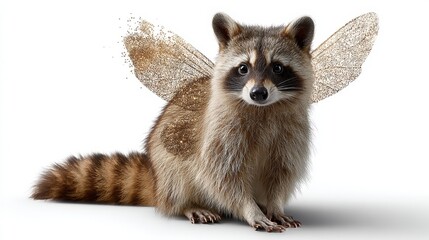 Obraz premium Adorable raccoon with glittery fairy wings sitting on a white background