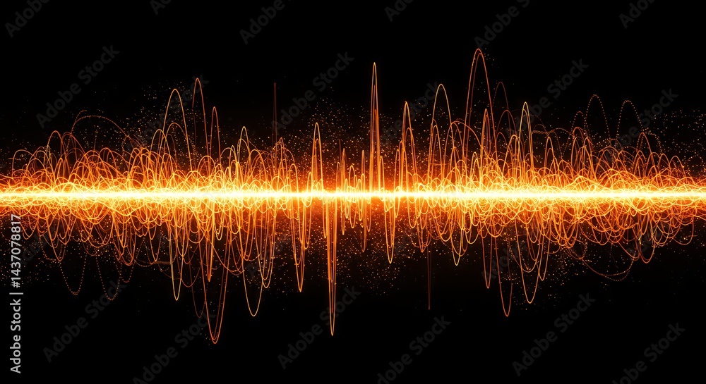Poster futuristic high-resolution stock photo features abstract golden-orange sound waves digital frequency