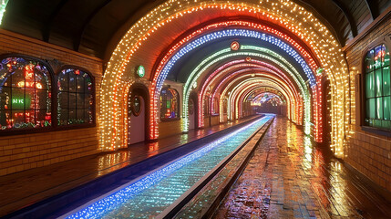 Obraz premium Festive tunnel decorated with colorful led lights