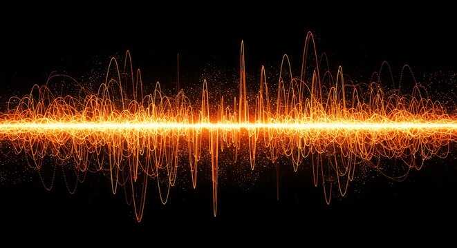 futuristic high-resolution stock photo features abstract golden-orange sound waves digital frequency lines symbolizing music communication technology perfect visual projects related to audio design