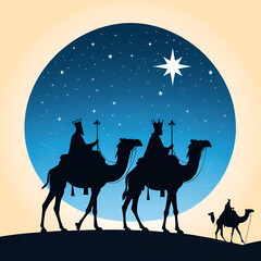 Fototapeta premium Vector illustration of three wise men, silhouette vector with camel and star in the sky on a blue background. Christmas card design. Vector illustration, simple shapes, flat colors, 2D,