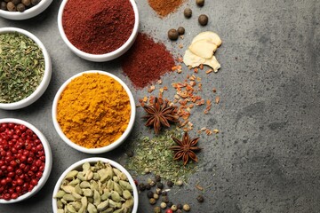 Different aromatic spices on grey table, flat lay. Space for text