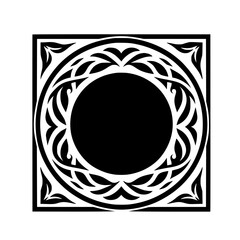 Abstract Ornamental Square with Leaf Motifs, Black and White Design