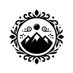 Mountain Landscape in Ornate Decorative Frame, Black & White Vector