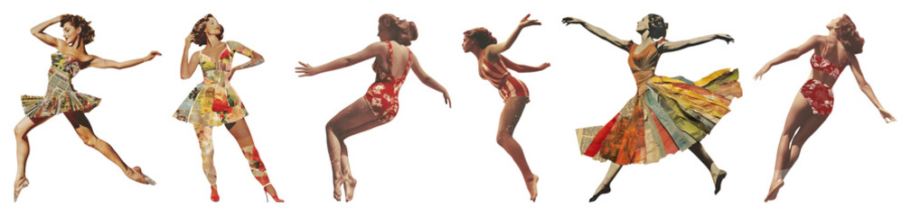 PNG Vintage dancers in colorful dresses, element set on transparent background
