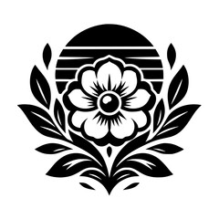 Elegant Black and White Floral Emblem with Geometric Sun