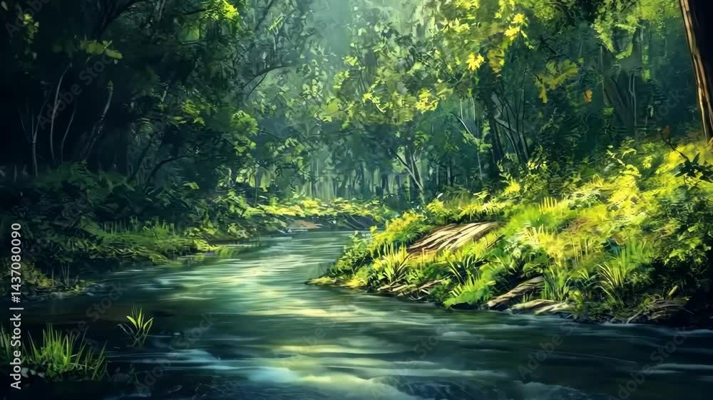 Poster serene river flowing through lush forest with sunlight filtering through trees