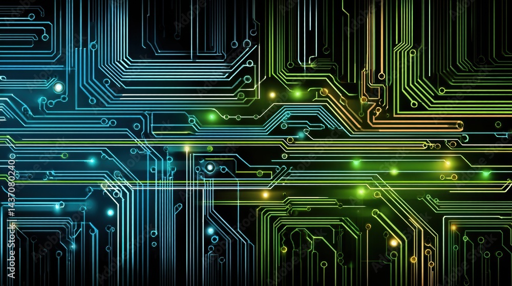 Poster Vibrant Minimal Computer Circuit Board Design Featuring Blue and Green Neon Elements in a Flat View With Intricate Pathways and Connections