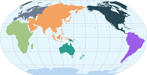 World vector map with continent boundaries and graticules in Asia-Pacific view (Robinson projection, PPT-compatible, pre-colored & fully editable)