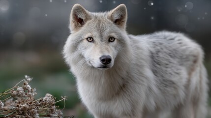 Obraz premium Arctic Wolf Surrounded by Snowflakes in Winter Landscape with Soft White Fur and Intense Gaze