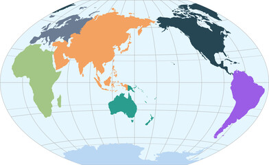 World vector map with continent boundaries and graticules in Asia-Pacific view (Winkel Tripel projection, PPT-compatible, pre-colored & fully editable)