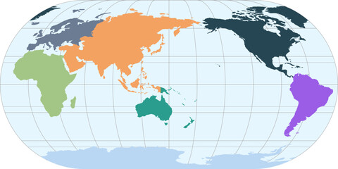 World vector map with continent boundaries and graticules in Asia-Pacific view (Eckert III projection, PPT-compatible, pre-colored & fully editable)